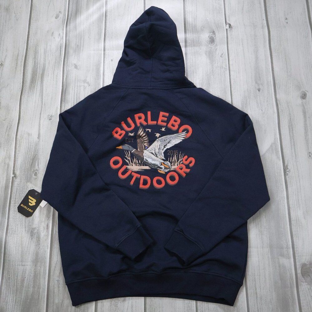 NEW BURLEBO Men's Fleece Pullover Hoodie - Duck Graphic Navy Size M, L
